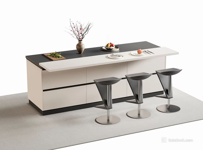 Modern Bar Counter With White Black Countertop Three Metal Stools And Decorative Vase Fruits 3d model 