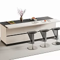 Modern Bar Counter With White Black Countertop Three Metal Stools And Decorative Vase Fruits