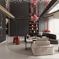 Modern Living Dining Room Interior With Red Walls Black Sofa Red Chairs And Round Rug