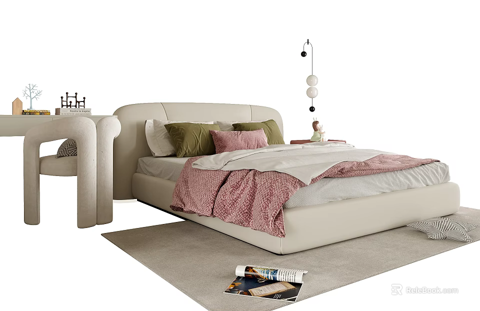Modern Children's Bed With Green Pink Pillows Pink Blanket Side Table And Floor Lamp 3d model 