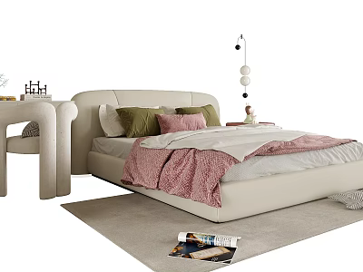 Modern Children's Bed With Green Pink Pillows Pink Blanket Side Table And Floor Lamp 3d model