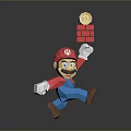 Mario Character In Red Hat Blue Overalls Jumping With Red Brick Block And Gold Coin