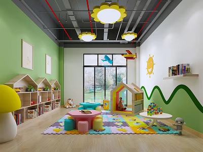Kindergarten Interior With Green Walls Yellow Flower Lights Mushroom Bookshelves And Colorful Carpet 3d model