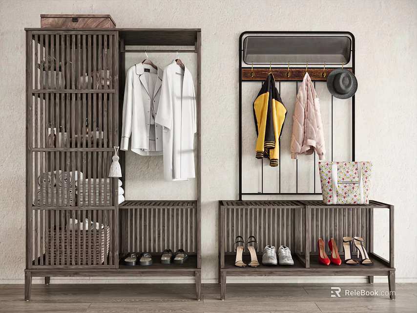 Minimalist Modern Shoe Cabinet With Coat Hooks Handbag Storage And Slatted Shoe Shelves 3d model 