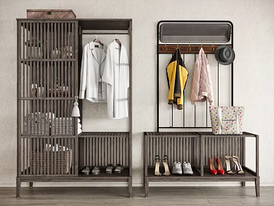 Minimalist Modern Shoe Cabinet With Coat Hooks Handbag Storage And Slatted Shoe Shelves 3d model