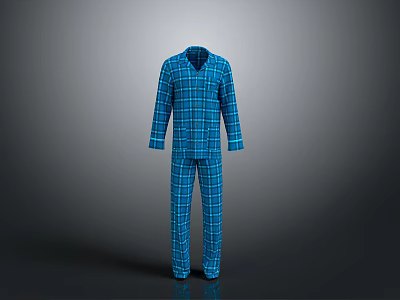 Comfortable Blue Plaid Pajamas Set With Long Sleeves For Home Wear 3d model