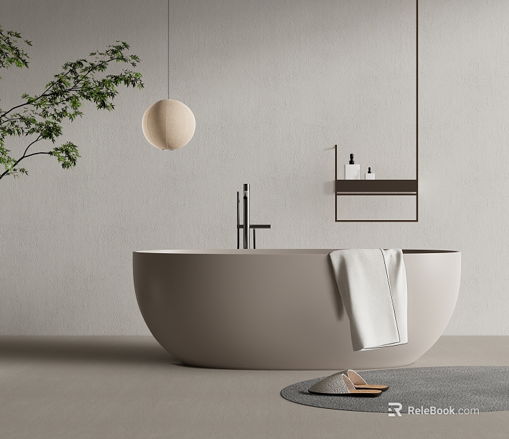 Modern Bathtub In Minimalist Bathroom With Towel Shelf And Greenery 3d model 