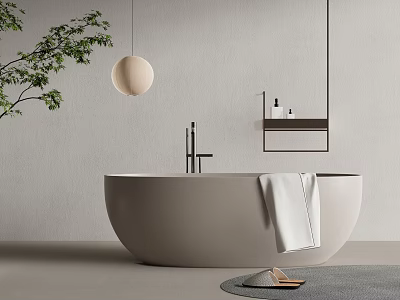 Modern Bathtub In Minimalist Bathroom With Towel Shelf And Greenery 3d model