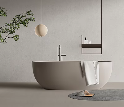 Modern Bathtub In Minimalist Bathroom With Towel Shelf And Greenery 3d model