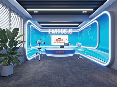 Modern Radio Studio With FM1058 Logo Blue Background Desk Cameras Green Plant And LED Lights 3d model