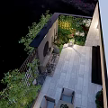 Starry Sky Night Courtyard Garden With Chinese Style Stone Pavement Green Plants And Stone Lantern