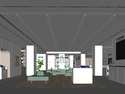 Modern Service Hall Interior With White Reception Desk Green Seating And Indoor Plants 3d model