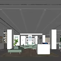 Modern Service Hall Interior With White Reception Desk Green Seating And Indoor Plants