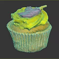 Appetizing Cupcake With Yellow Frosting And Purple Decoration On Ruffled Paper Liner