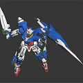Blue White Mecha Model with Green Red Accents Large Blades in Dynamic Action Pose