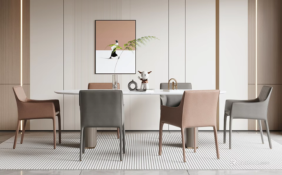 Modern Dining Table Set With Chairs Wall Art And Tabletop Decorations 3d model