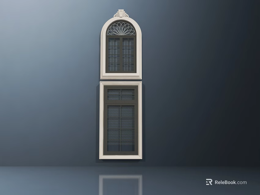 Casement Window With Arched Upper And Rectangular Lower Sections White Frame Dark Panes 3d model 