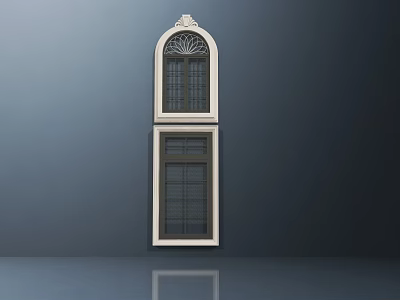 Casement Window With Arched Upper And Rectangular Lower Sections White Frame Dark Panes 3d model