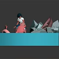Girl Sitting On Bench Interacting With Pink Creature In Water With Geometric Mountains