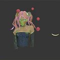 Blonde Girl In Blue Off Shoulder Top With Flowers And Pink Spheres Crescent Moons