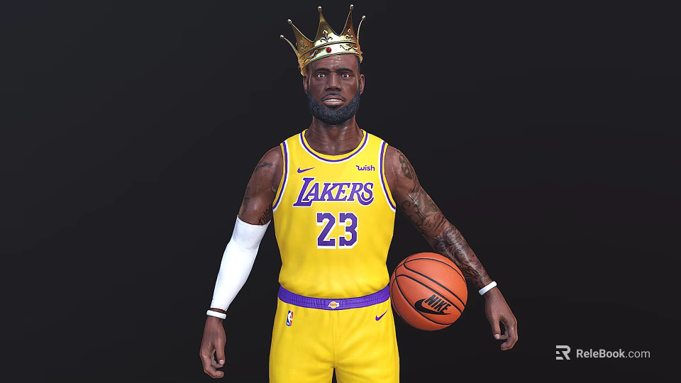 Man Wearing Yellow Lakers Jersey Number 23 With Golden Crown Holding Basketball 3d model 