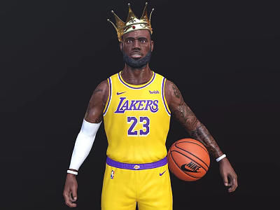 Man Wearing Yellow Lakers Jersey Number 23 With Golden Crown Holding Basketball 3d model