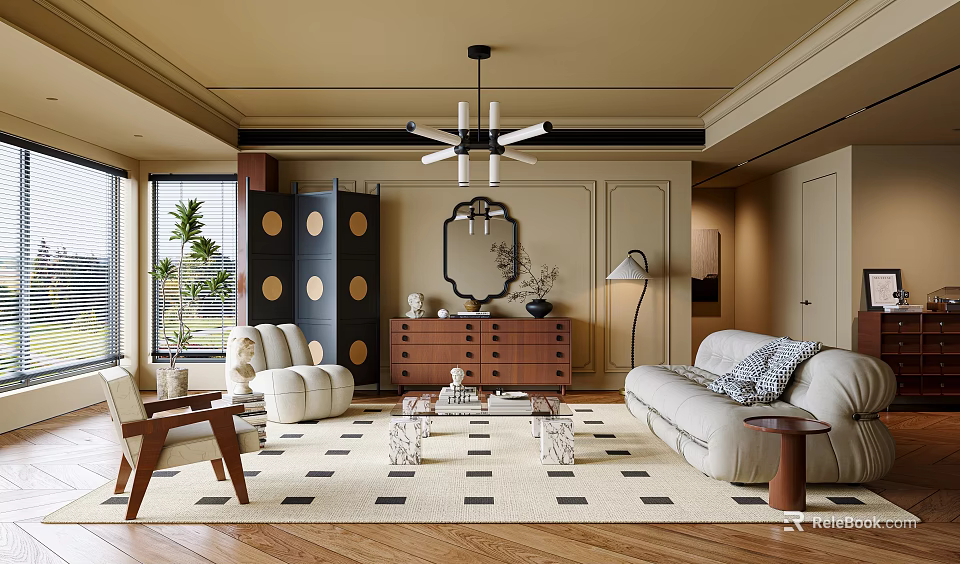 Elegant Modern Living Room Interior With Beige Sofa Black Circular Screen Chandelier And Geometric Rug 3d model 