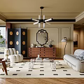 Elegant Modern Living Room Interior With Beige Sofa Black Circular Screen Chandelier And Geometric Rug