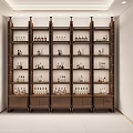 Wooden Display Shelves in Modern Interior with Various Small Bottles Neatly Arranged on Multiple Layers