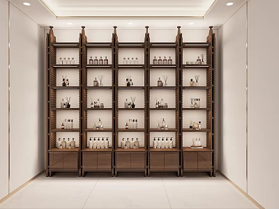 Wooden Display Shelves in Modern Interior with Various Small Bottles Neatly Arranged on Multiple Layers 3d model