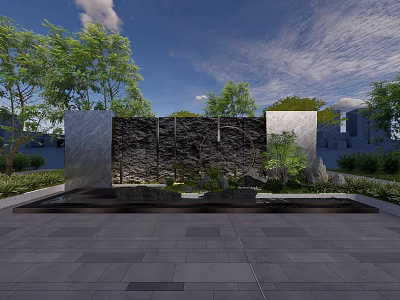 Modern Water Feature Wall With Flowing Water Green Plants And Stone Pavement 3d model
