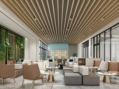 Modern Bright Lounge Area With Wooden Ceiling Green Plant Wall Comfortable Sofas And Coffee Tables 3d model