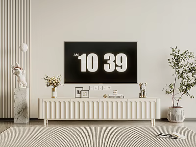 White Ribbed TV Stand with Vase Photo Frame Decorative Items and Green Plant Accent 3d model