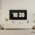 White Ribbed TV Stand with Vase Photo Frame Decorative Items and Green Plant Accent
