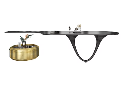 Modern Office Desk With Black Top And Gold Circular Base Featuring Plant And Stationery 3d model