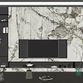 Modern TV Wall With White Marble Panel Golden Veins Black TV Embedded Open Shelves Decorative Stand