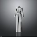 White Long Sleeve Dress with Pleated Front and Gathered Waist for Elegant Formal Occasions