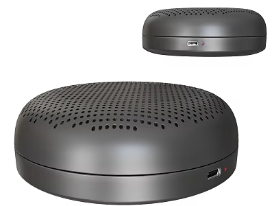 Sleek Dark Gray Round Speakers With Perforated Surface And Connectivity Ports 3d model