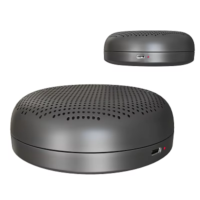 Sleek Dark Gray Round Speakers With Perforated Surface And Connectivity Ports 3d model