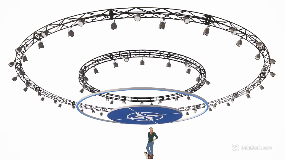 Circular Stage with Multilayer Lighting Rigs Central Blue Logo and Person 3d model 