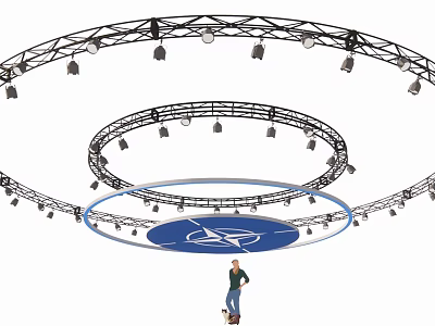 Circular Stage with Multilayer Lighting Rigs Central Blue Logo and Person 3d model