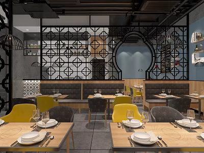 Restaurant Interior with Black Lattice Partition Blue Accent Wall Yellow Gray Chairs and Wooden Tables 3d model