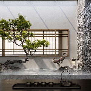 New Chinese-style rockery waterscape courtyard landscape pine crane tea Japanese garden waterscape 3d model