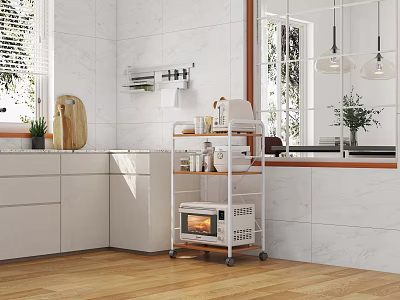 White Rolling Kitchen Storage Cart with Multi Tiered Shelves and Kitchen Items 3d model