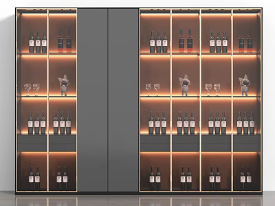 Modern Wine Cabinet Interior With Glass Shelves Wine Bottles Wine Glasses And Lighting 3d model