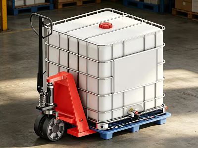 Industrial Equipment IBC Tote with Red Hydraulic Hand Truck on Blue Pallet in Factory Warehouse 3d model