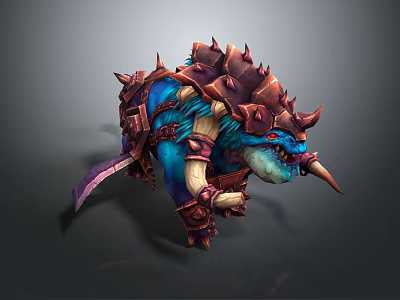 Blue Creature In Spiked Armor With Red Eyes Large Horns Carrying Purple Sword 3d model