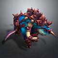 Blue Creature In Spiked Armor With Red Eyes Large Horns Carrying Purple Sword