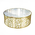 Gold Hollow Design Coffee Table With Glossy Marble Top And Metal Base