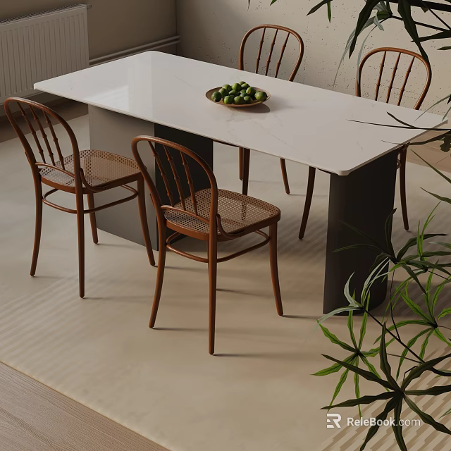 Elegant Dining Table Set With White Tabletop Wooden Rattan Chairs Green Fruit Platter And Plants 3d model 